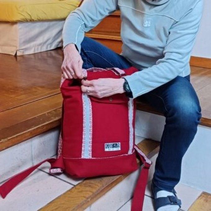 Sac à dos coursier toile coton Thèbes rouge carmin-Coton Kikko