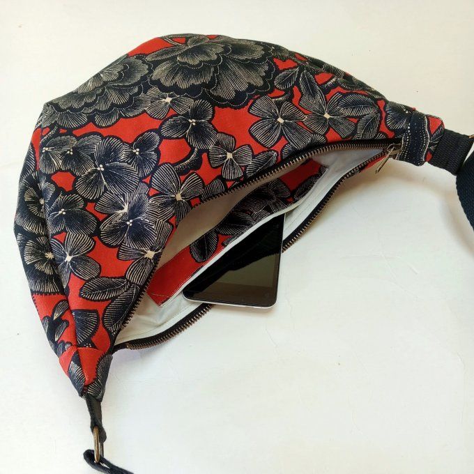 Sac demi-lune - Coton  corail/noir Kew garden 