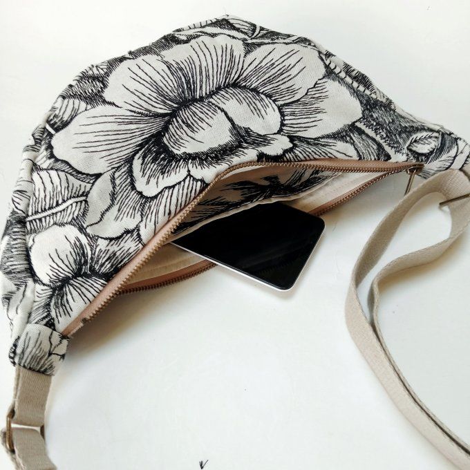 Sac demi-lune - Lin brodé écru/noir