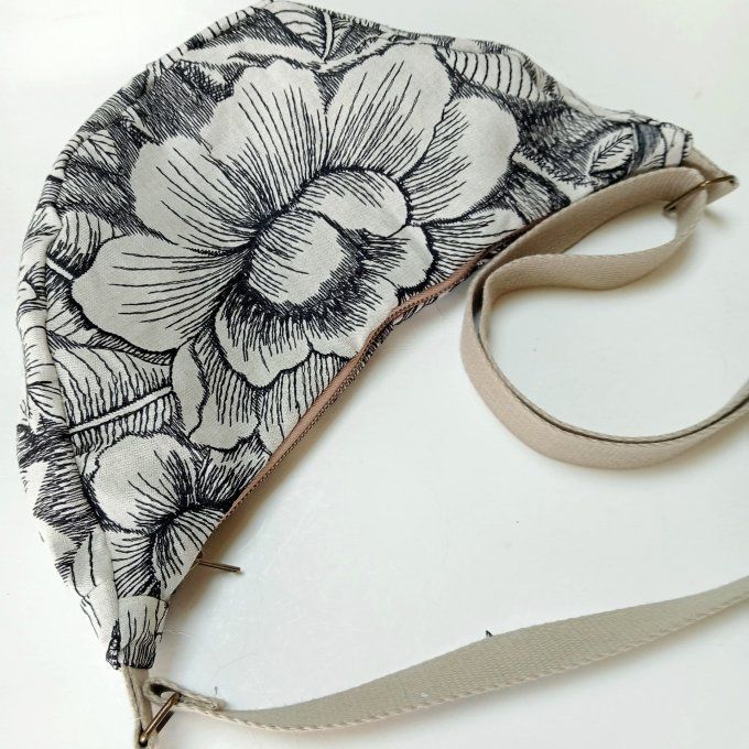 Sac demi-lune - Lin brodé écru/noir