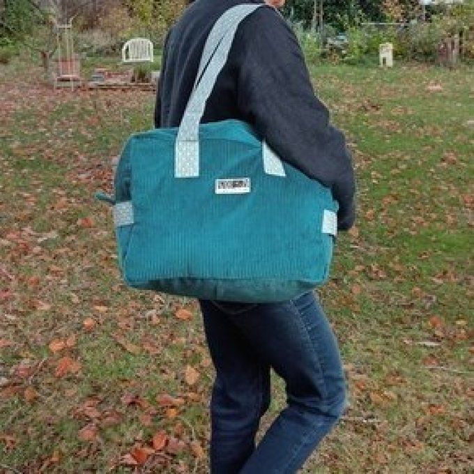 Sac we velours bleu turquoise - Coton imprimé turquoise/écru