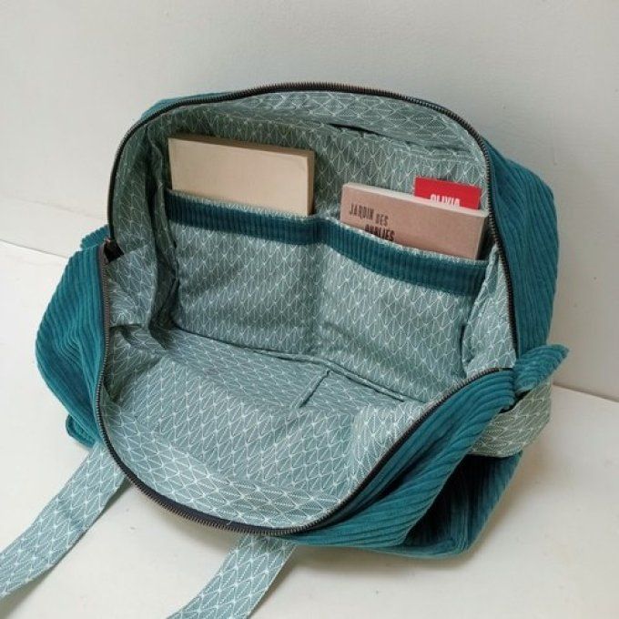 Sac we velours bleu turquoise - Coton imprimé turquoise/écru