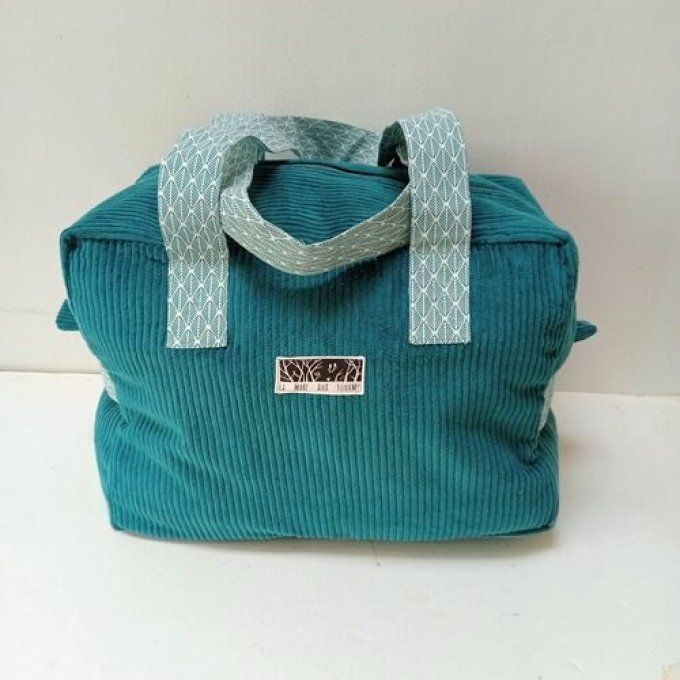 Sac we velours bleu turquoise - Coton imprimé turquoise/écru