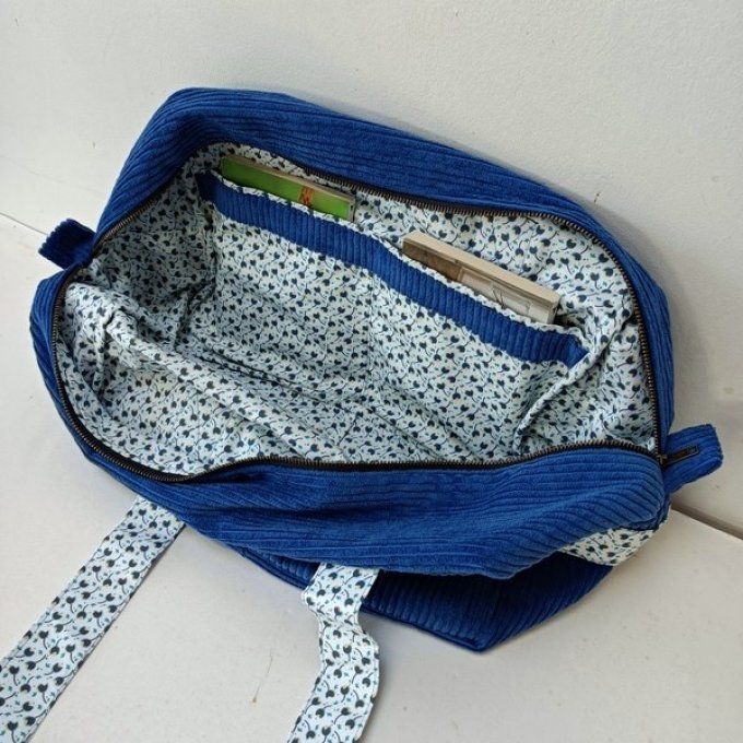 Sac we velours bleu Saphir - Coton assorti fond écru