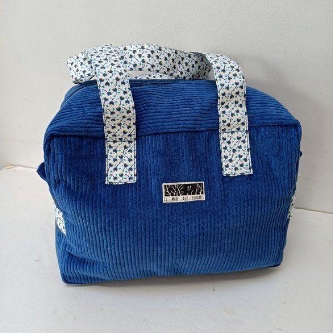 Sac we velours bleu Saphir - Coton assorti fond écru