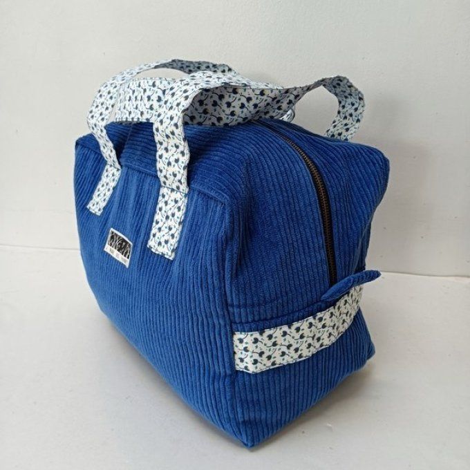Sac we velours bleu Saphir - Coton assorti fond écru