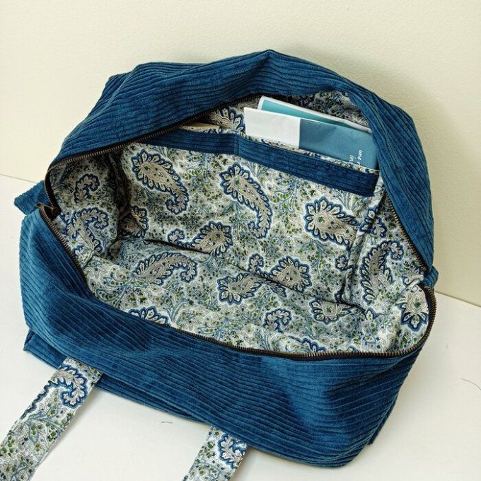 Sac we velours côtelé bleu - Coton imprimé indien